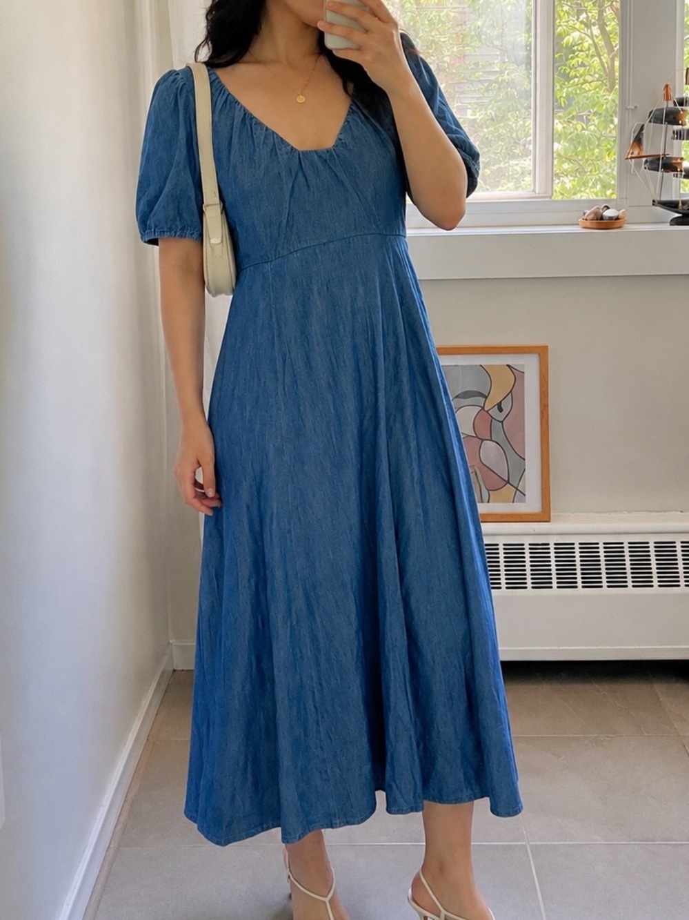 Blue Denim Puff Sleeve Maxi Dress